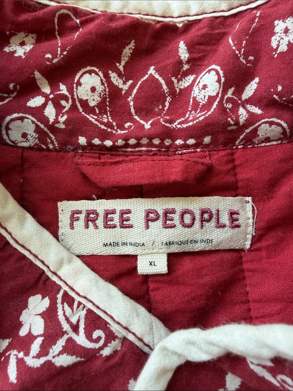 Free People Red Quilted Floral Puffer Jacket with Cream Trim - Picture 2 of 5